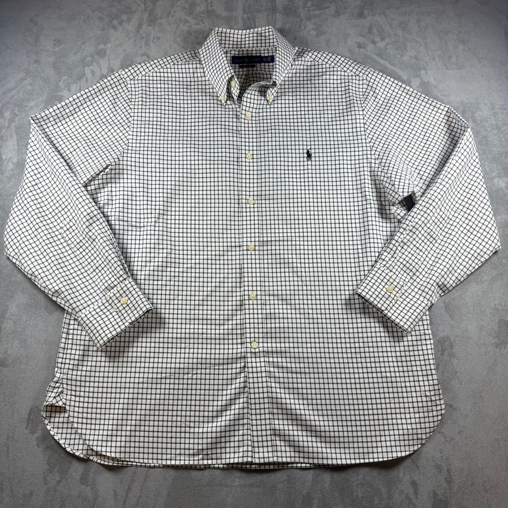 Ralph Lauren Mens 17.5 34/35 Easy Care Windowpane Check Button Down Shirt White